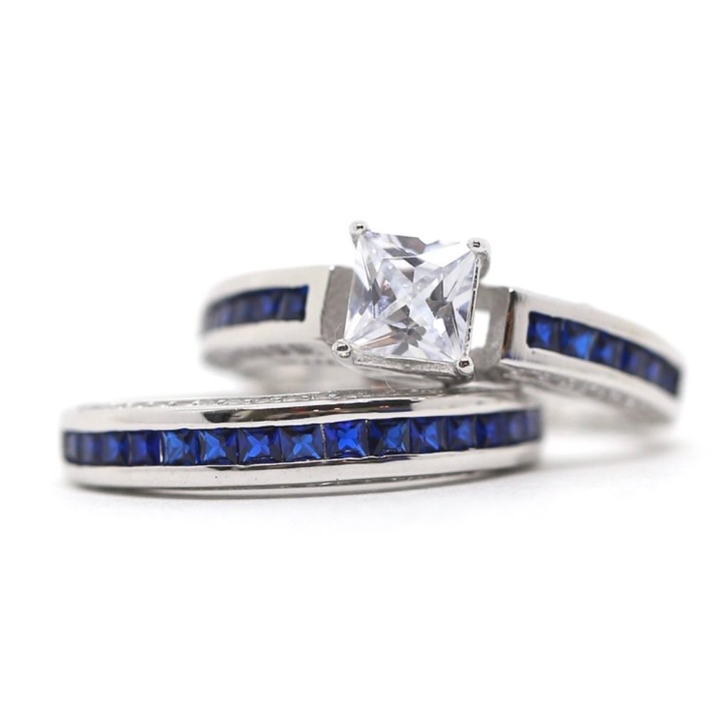White and Blue Princess Topaz Engagement Ring